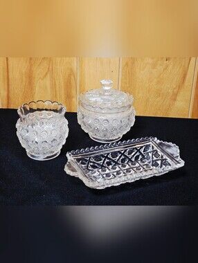 Vintage Westmoreland Lacey Daisy 3 Piece Glass Set Bowl Lid Platter